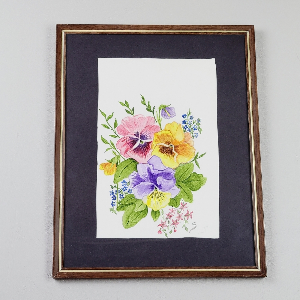 Framed Pansie Drawing Signed 14x11